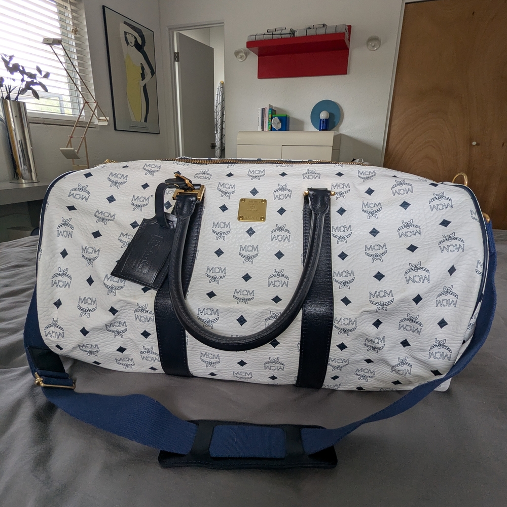 Vintage 80s MCM Logo White & Navy Blue Leather Duffle Bag Made In Germany